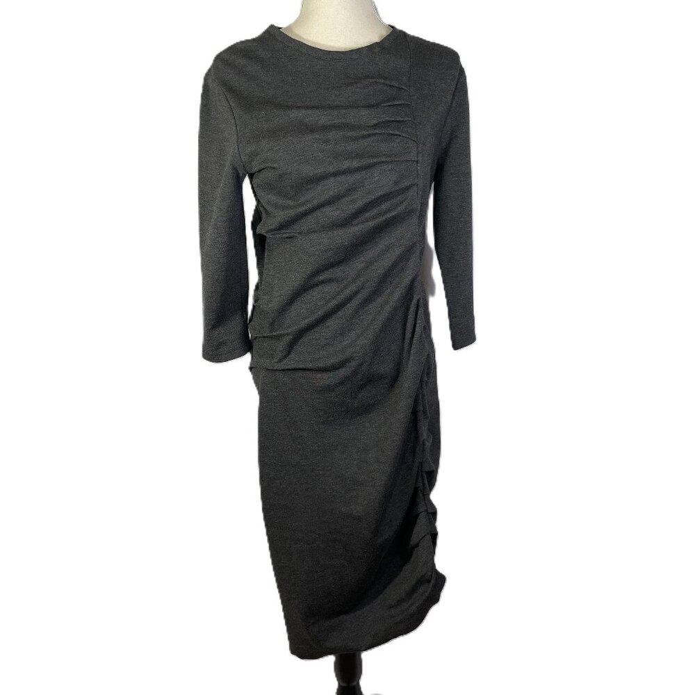 Jarbo Gray Ruched Ponte Knit Midi Dress 3/4 Sleeve Minimalist Chic Size L